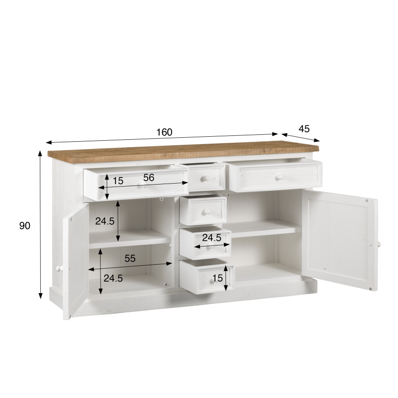 Sideboard aus massivem Kiefernholz in Weiß und Holzoptik 160 cm - Mayfield