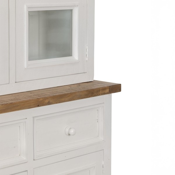 Hoher Vitrinenschrank aus massivem Kiefernholz in Weiß und Holzoptik - Mayfield