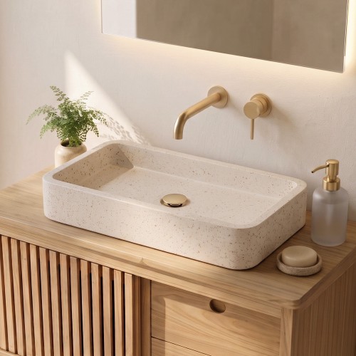 Rechteckiges Badezimmer-Aufsatzwaschbecken aus weißem Terrazzo 60 x 30 cm - Motu