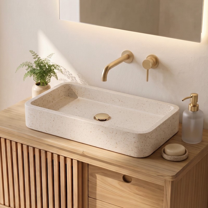 Rechteckiges Badezimmer-Aufsatzwaschbecken aus weißem Terrazzo 60 x 30 cm - Motu