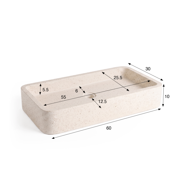 Rechteckiges Badezimmer-Aufsatzwaschbecken aus weißem Terrazzo 60 x 30 cm - Motu