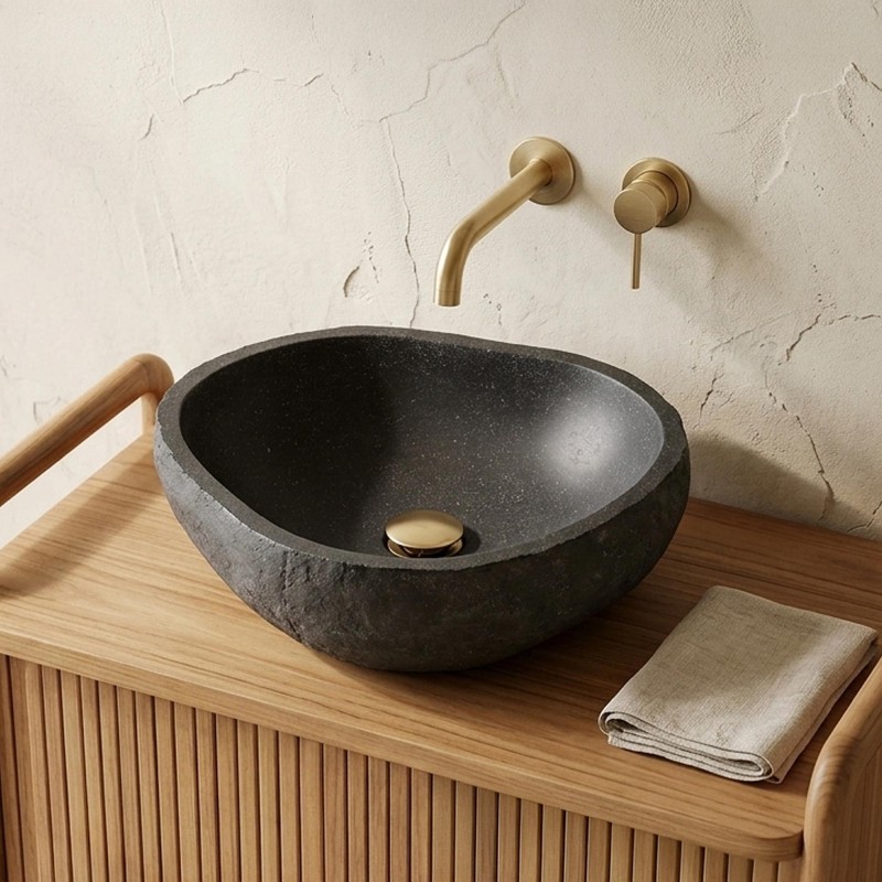 Badezimmer-Aufsatzwaschbecken in Natursteinoptik aus Terrazzo 40 x 40 cm - Tupai