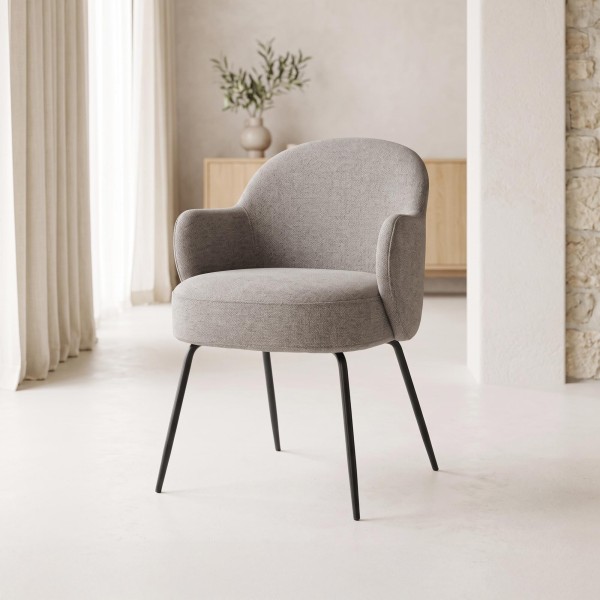 Stuhl mit grauem Bouclé-Stoff und schwarzen Metallbeinen - Bae
