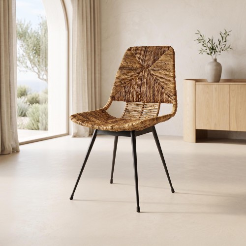 Stuhl aus natürlichem Rattan mit schwarzen Metallbeinen - Maria