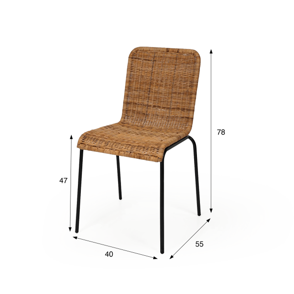 Stuhl aus natürlichem Rattan mit schwarzen Metallbeinen - Ananda
