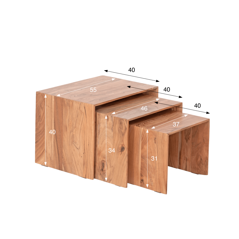 3er-Set Satztische aus naturfarbenem Massivholz - Mono