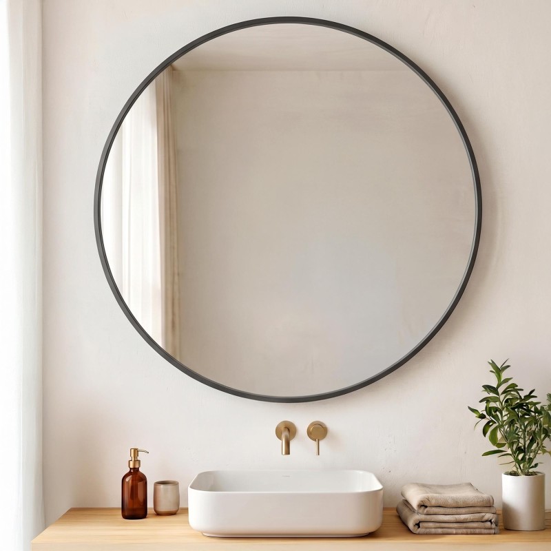 Großer runder Badezimmerspiegel mit schwarzem Metallrahmen 80 cm