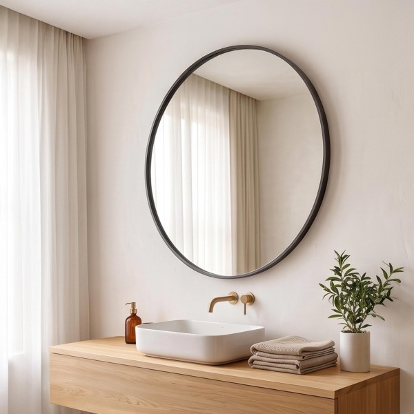 Großer runder Badezimmerspiegel mit schwarzem Metallrahmen 80 cm