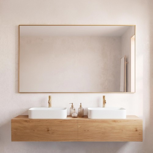 Großer rechteckiger Badezimmer-Wandspiegel mit goldfarbenem Metallrahmen 120 x 75 cm