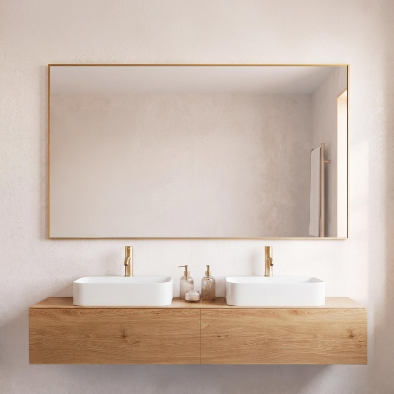 Großer rechteckiger Badezimmer-Wandspiegel mit goldfarbenem Metallrahmen 120 x 75 cm
