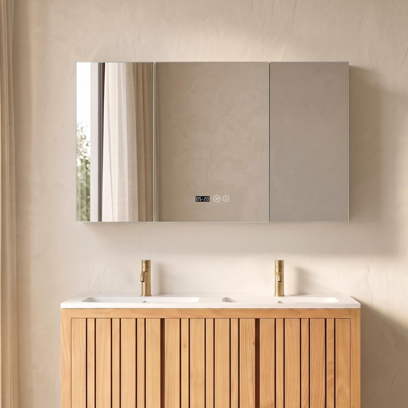 Badezimmerspiegelschrank mit dreiteiligem Spiegel und LED-Beleuchtung 120 x 75 cm