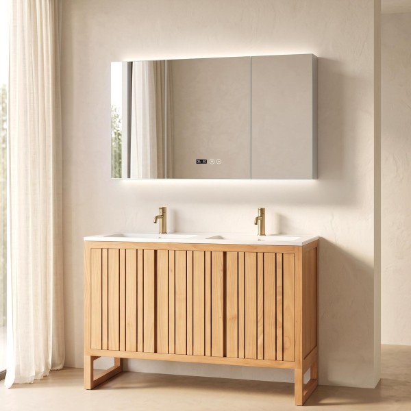 Badezimmerspiegelschrank mit dreiteiligem Spiegel und LED-Beleuchtung 120 x 75 cm