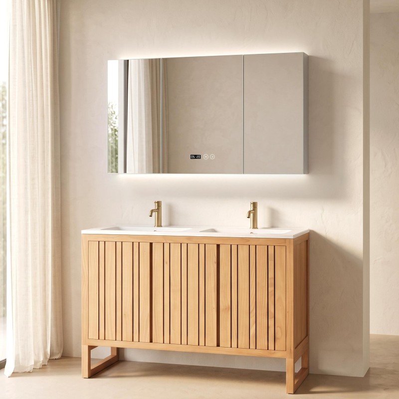 Badezimmerspiegelschrank mit dreiteiligem Spiegel und LED-Beleuchtung 120 x 75 cm