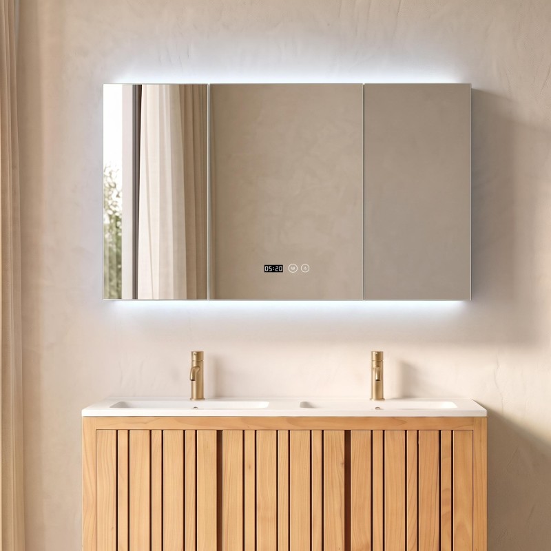 Badezimmerspiegelschrank mit dreiteiligem Spiegel und LED-Beleuchtung 120 x 75 cm