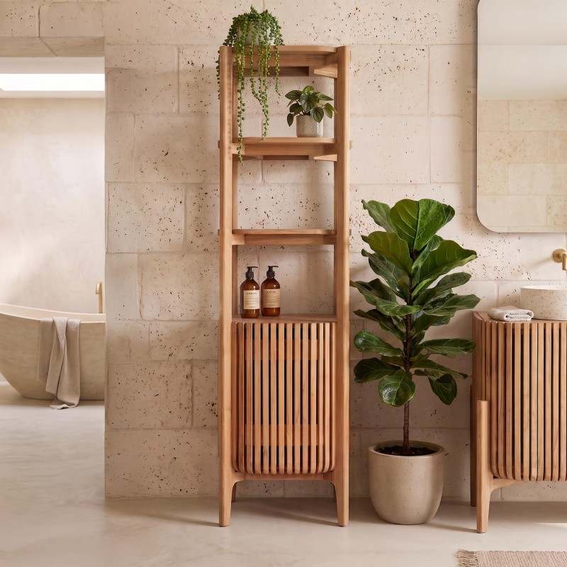 Badezimmer-Hochschrank aus massivem Teakholz - Avani