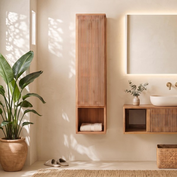 Hängender Badezimmer-Hochschrank aus massivem Teakholz - Rhea