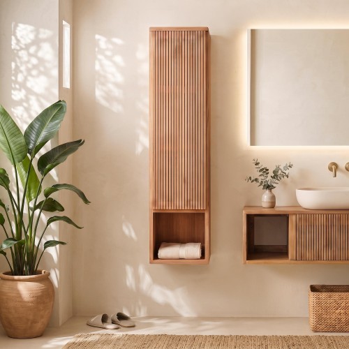 Hängender Badezimmer-Hochschrank aus massivem Teakholz - Rhea