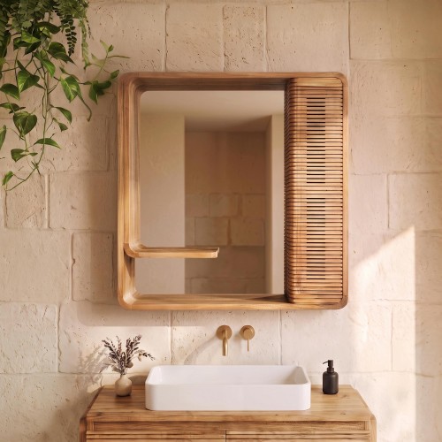 Badezimmer-Wandspiegel aus Teakholz mit Stauraum - Anika