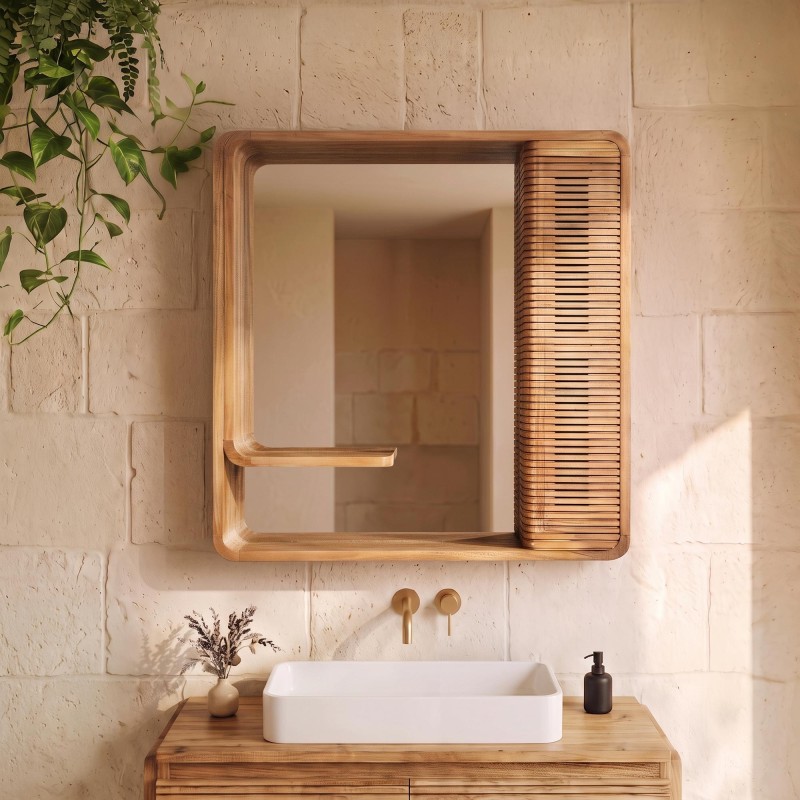 Badezimmer-Wandspiegel aus Teakholz mit Stauraum - Anika