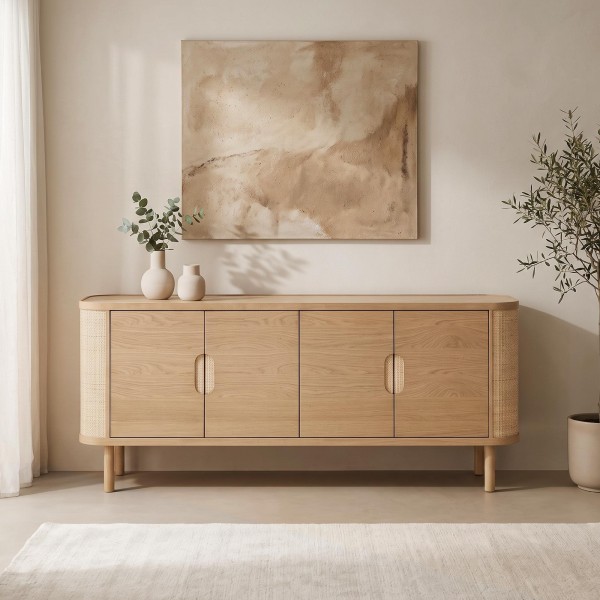 Sideboard mit 4 Türen aus naturbelassenem Eichenholz und Rattan - Maja