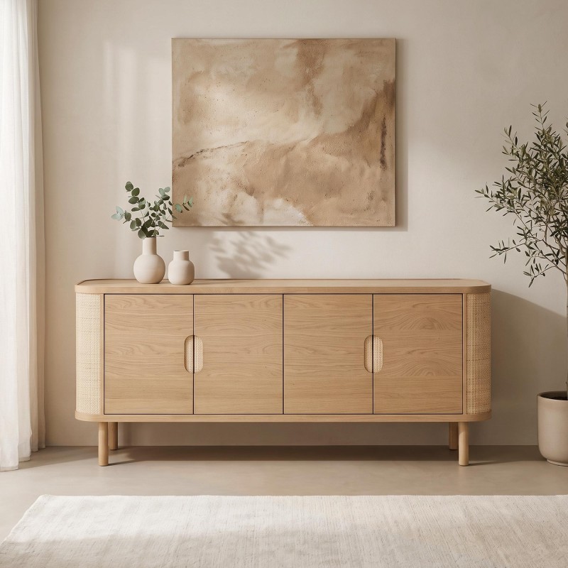 Sideboard mit 4 Türen aus naturbelassenem Eichenholz und Rattan - Maja