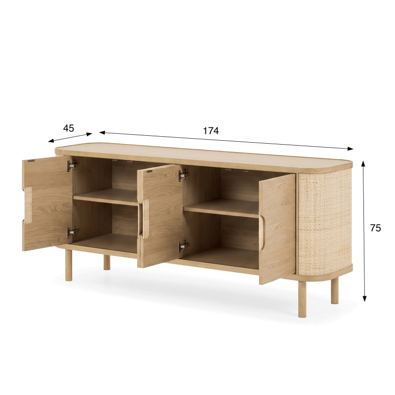 Sideboard mit 4 Türen aus naturbelassenem Eichenholz und Rattan - Maja