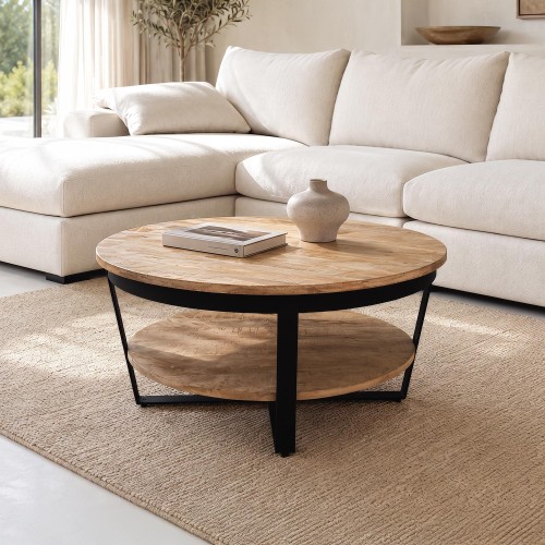 Runder Couchtisch aus Holz und Metall im Industrial-Stil - Hadley