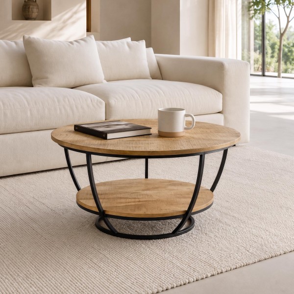 Runder Couchtisch aus Massivholz und schwarzem Metall - Corven