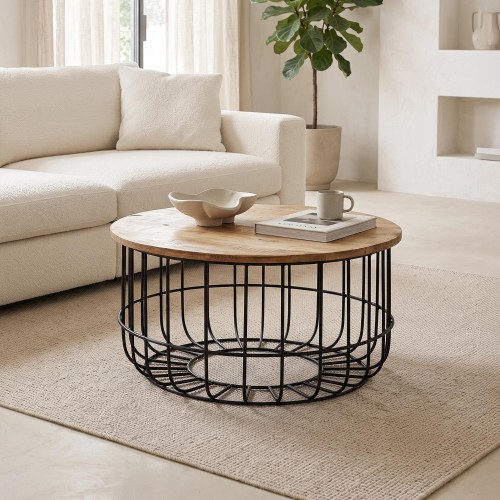 Runder Couchtisch aus Massivholz und schwarzem Metall - Orson