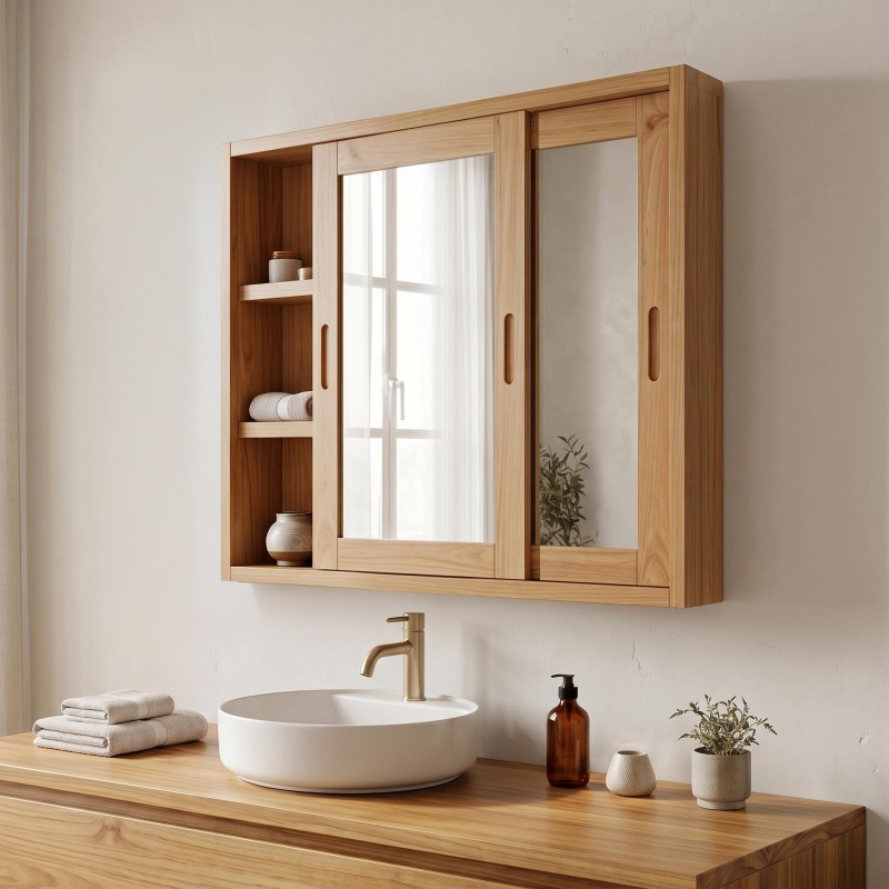 Badezimmerschrank 80 cm aus Massivholz mit Spiegel und Schiebetüren