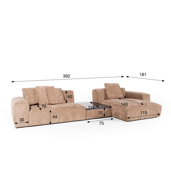 5-Sitzer-Ecksofa mit Recamiere rechts und integriertem Couchtisch - Olya