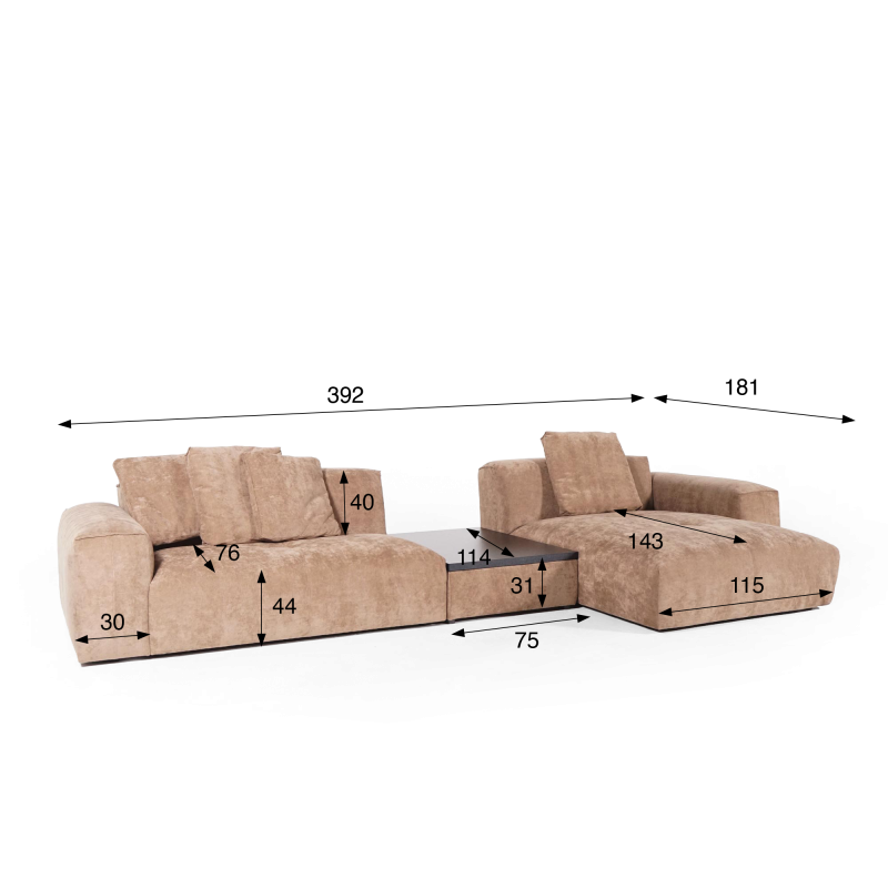 5-Sitzer-Ecksofa mit Recamiere rechts und integriertem Couchtisch - Olya