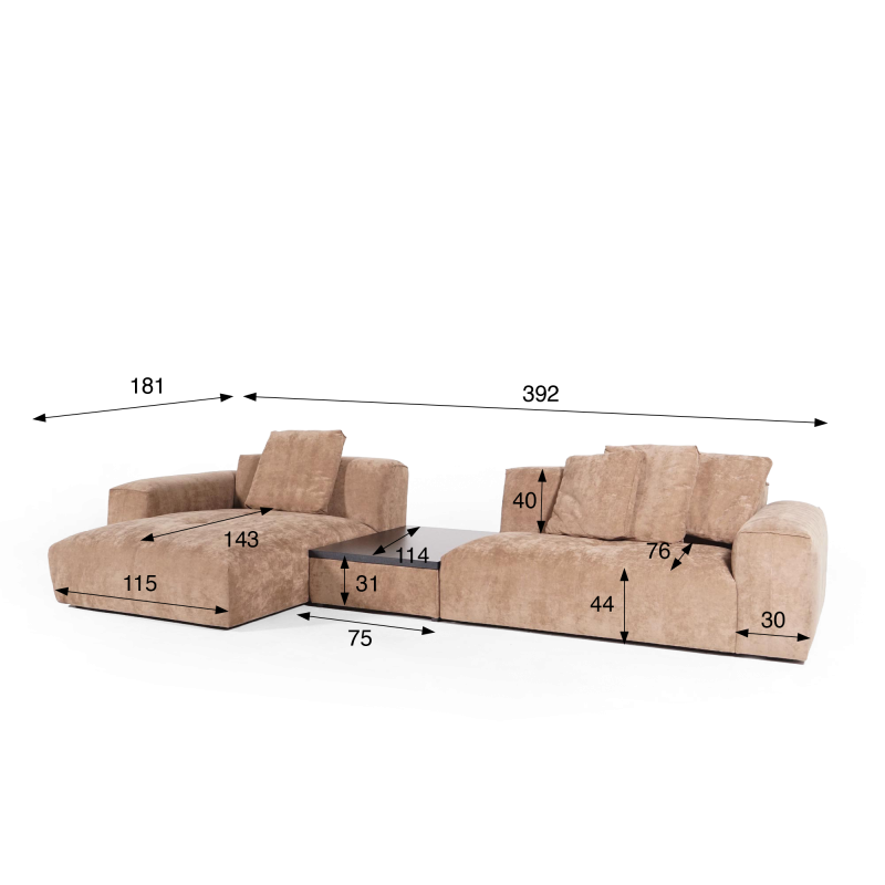 5-Sitzer-Ecksofa mit Recamiere links und integriertem Couchtisch - Olya