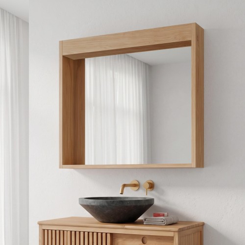 Rechteckiger Spiegel 80 cm mit Massivholzrahmen und Aussparung für Leuchten