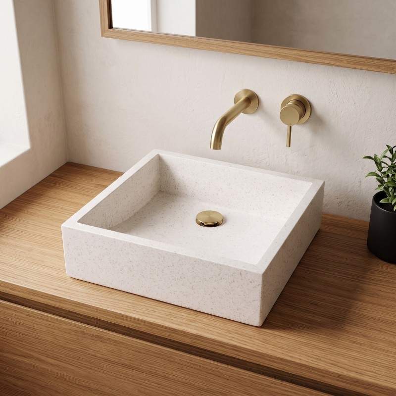 Quadratisches Waschbecken aus weißem Terrazzo 40 x 40 cm - Maile