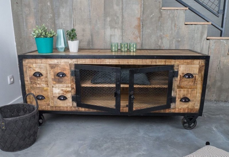 Industrielles TV-Möbel mit 6 Schubladen in Carbon-Finish