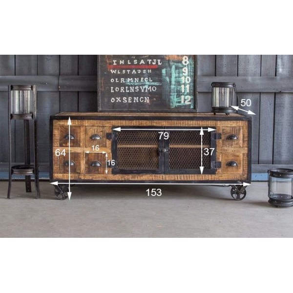 Industrielles TV-Möbel mit 6 Schubladen in Carbon-Finish