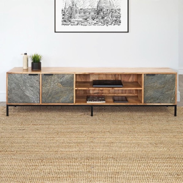 TV-Möbel 200 cm aus Akazienholz mit Steintür - Florenz