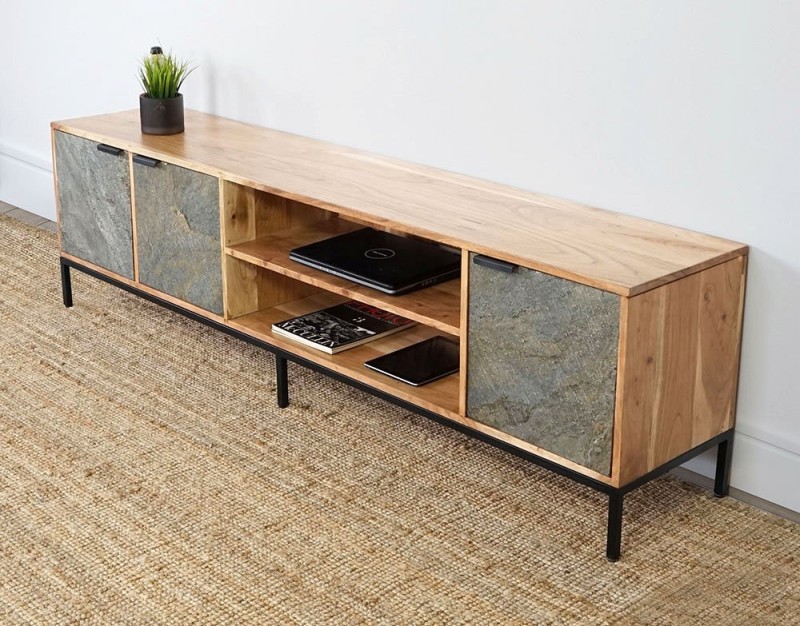 TV-Möbel 200 cm aus Akazienholz mit Steintür - Florenz