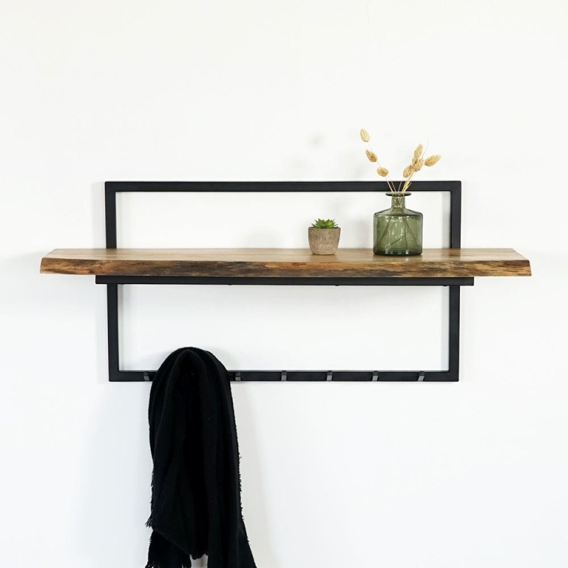 Industrielle Wandgarderobe aus Massivholz und Metall 7 Haken