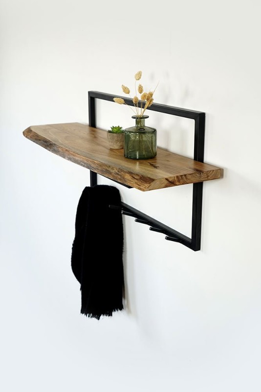 Industrielle Garderobe aus Massivholz und Metall 7 Haken