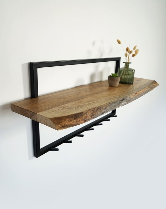Industrielle Garderobe aus Massivholz und Metall 7 Haken