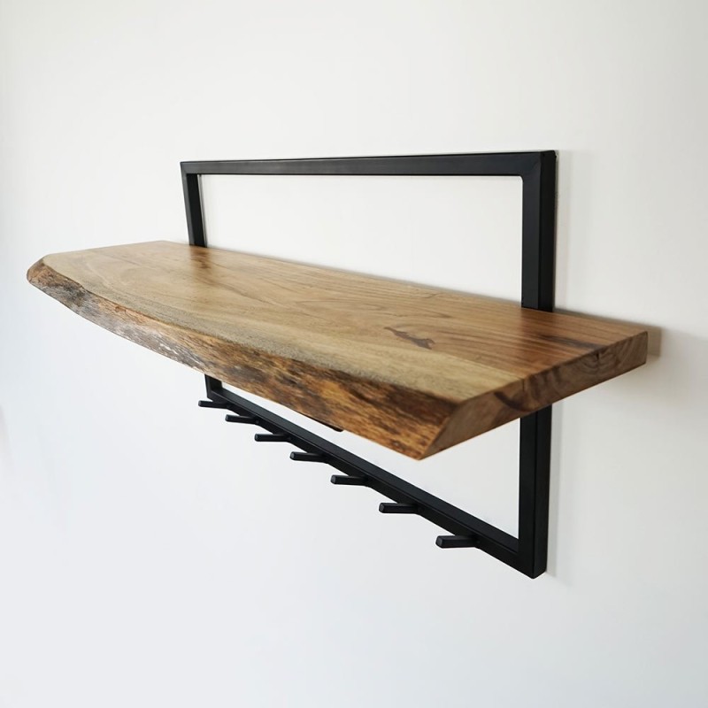 Industrielle Garderobe aus Massivholz und Metall 7 Haken
