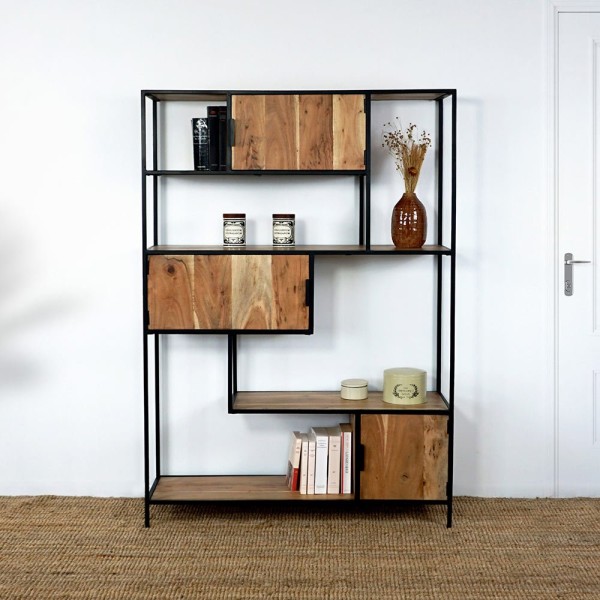 Industrielles Bücherregal aus Holz und Metall mit Türen