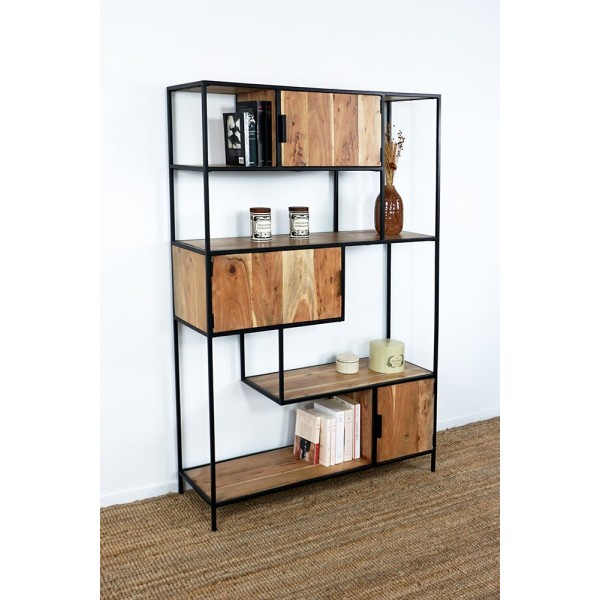 Industrielles Bücherregal aus Holz und Metall mit Türen
