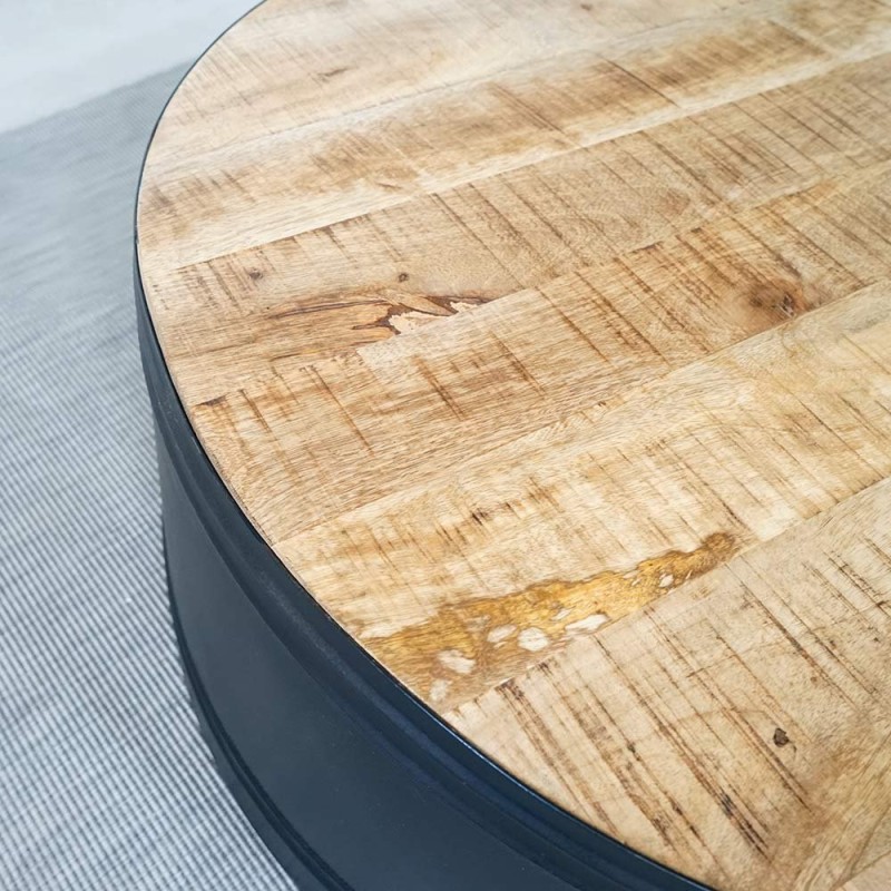 Runder industrieller Vintage-Couchtisch aus Massivholz und Metall – Bric-broc