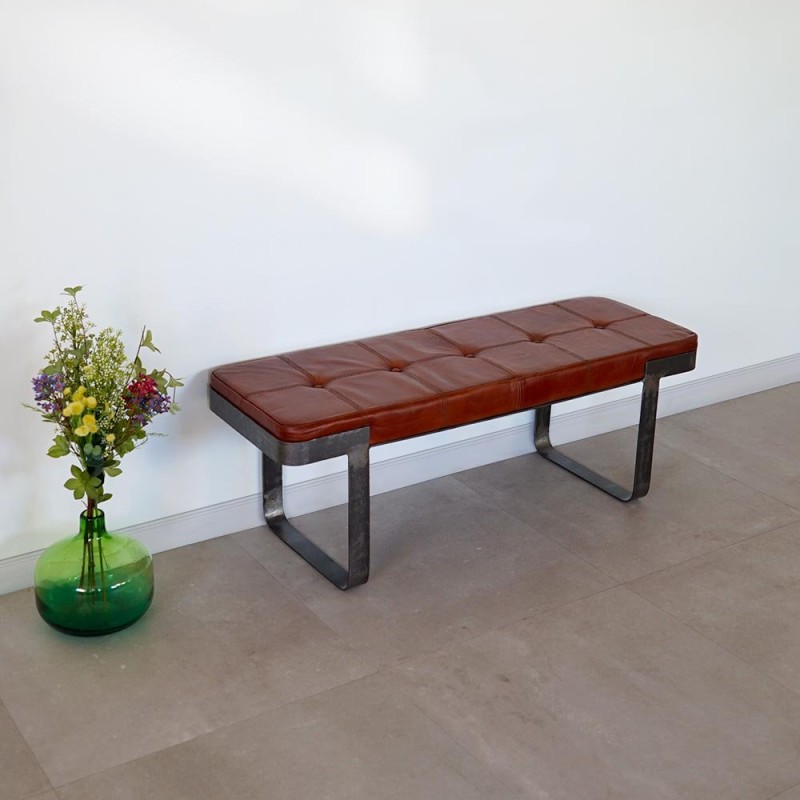 Industrielle Sitzbank aus braunem Leder und Metall