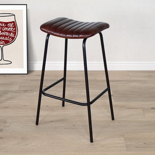 Hoher Hocker aus Naturleder und Metall
