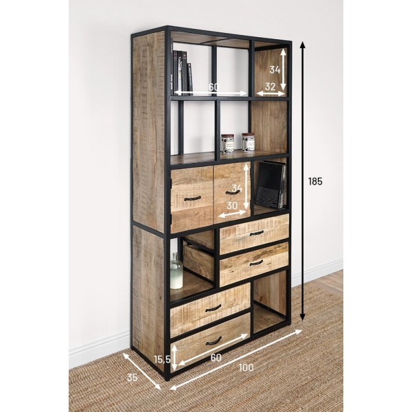 Etagère en métal et bois massif avec 4 tiroirs et 1 armoire