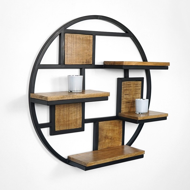 Industrielles rundes Regal aus Metall und Holz